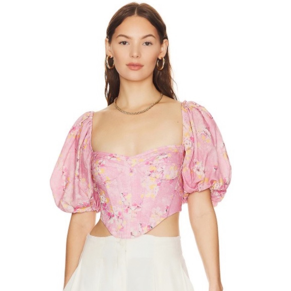 Bardot Pink Corset Top with Puff Sleeves